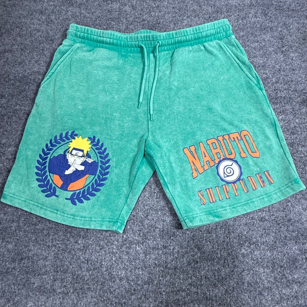 Naruto Shippuden Graphic Sweat Shorts Mens Medium Green Mineral Wash Fleece